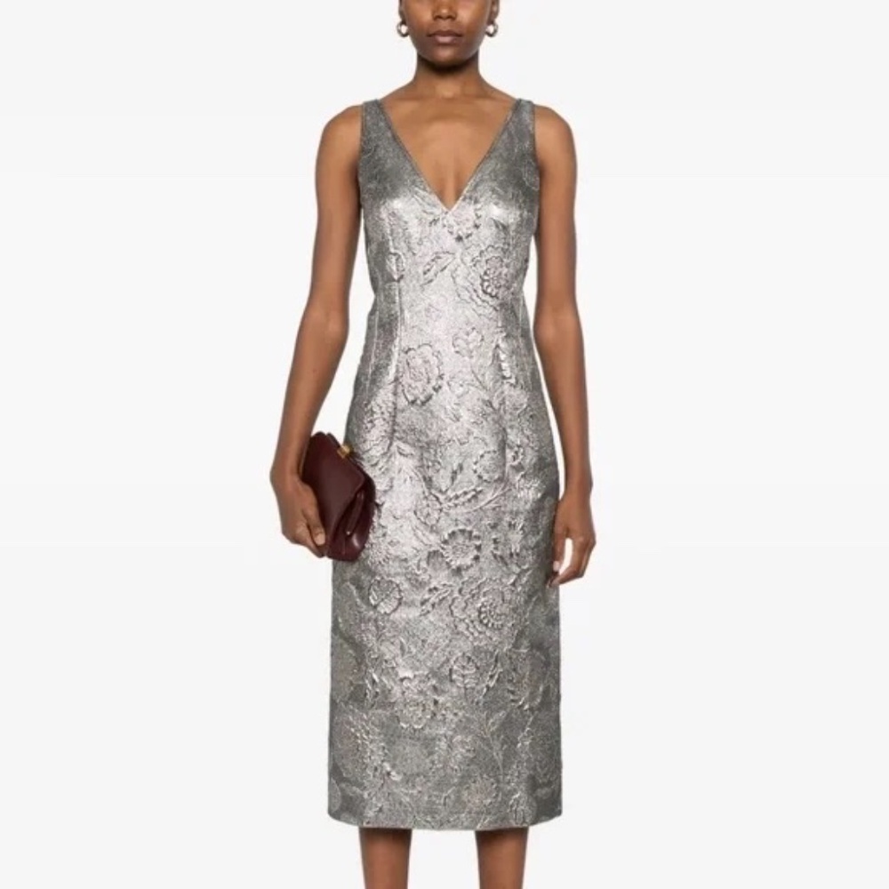 NWT TOTEME Silver Brocade Midi V-Neck Sleeveless Dress